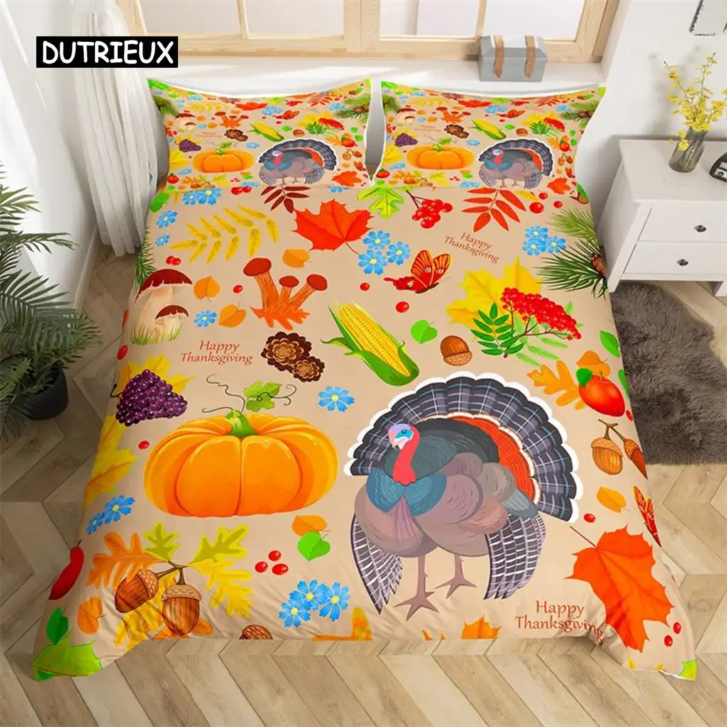 

Turkey Maple Leaves Duvet Cover King Thanksgiving Pumpkin Bedding Set Microfiber Farmhouse Autumn Harvest Theme Comforter Cover