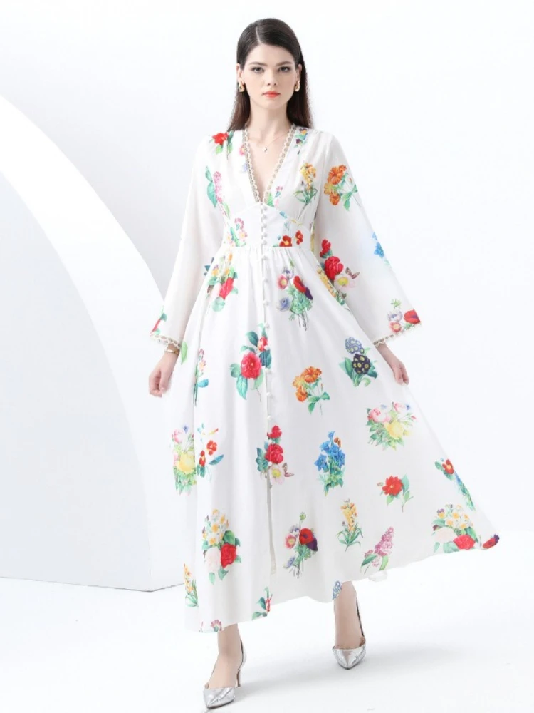 Early Spring New Retro Women's Deep V-neck Flared Sleeves with Wavy Edges and Wide Swing Colorful Printed Long Dress