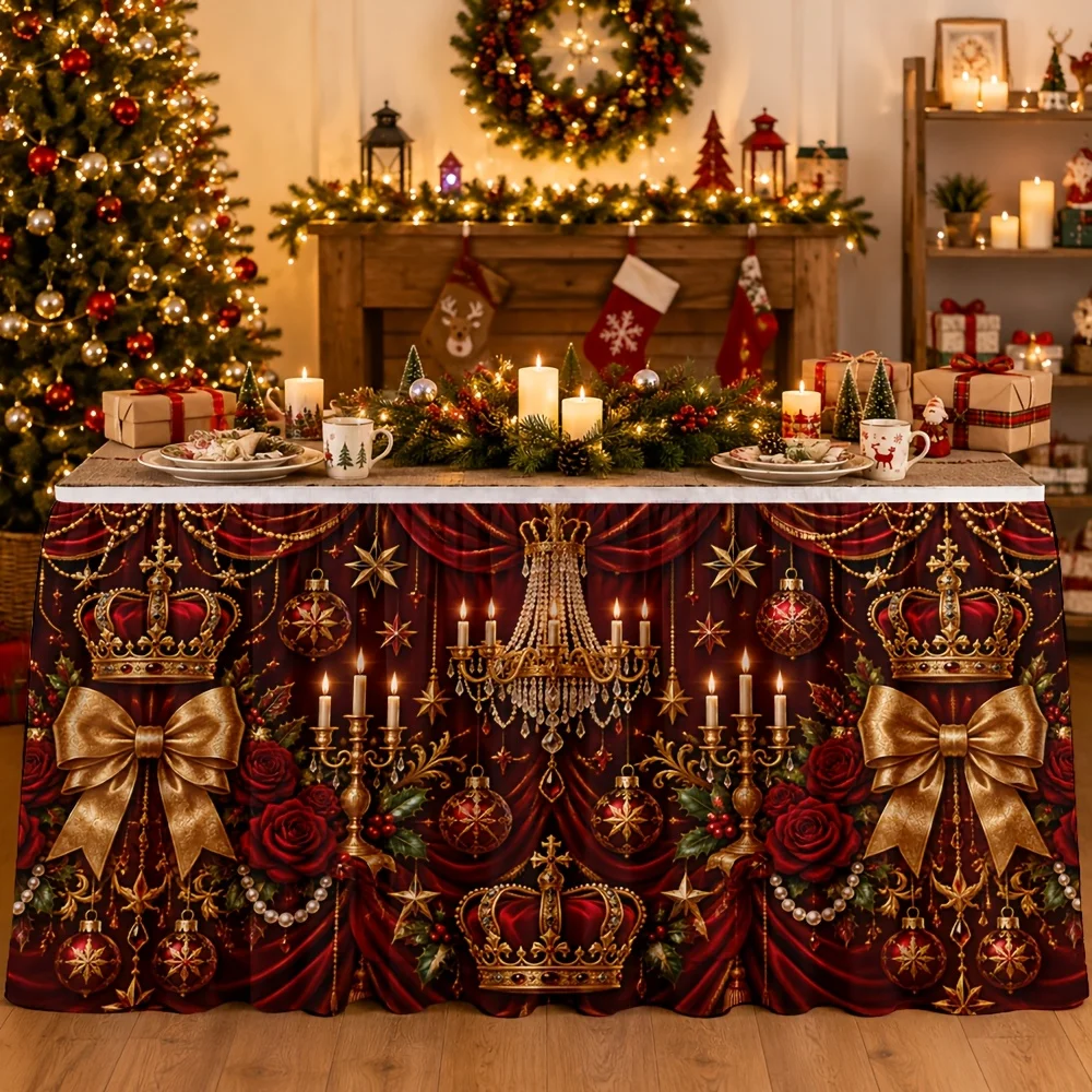 1 tablecloth table skirt, elegant red velvet royal crown gold bow chandelier