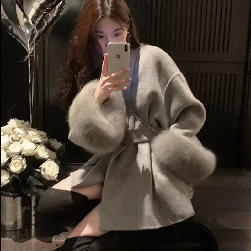 High End Double-sided Wool Strapping Real Wool Fur Coat Women's Removable Cuffs Fox Fur Temperament Cashmere Short Jacket