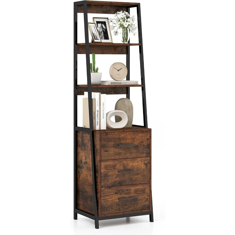 Industrial Ladder Bookshelf, Freestanding 4-Tier Bookcase with 3 Drawers & Metal Frame, 69” Tall Wooden Storage Organizer for L