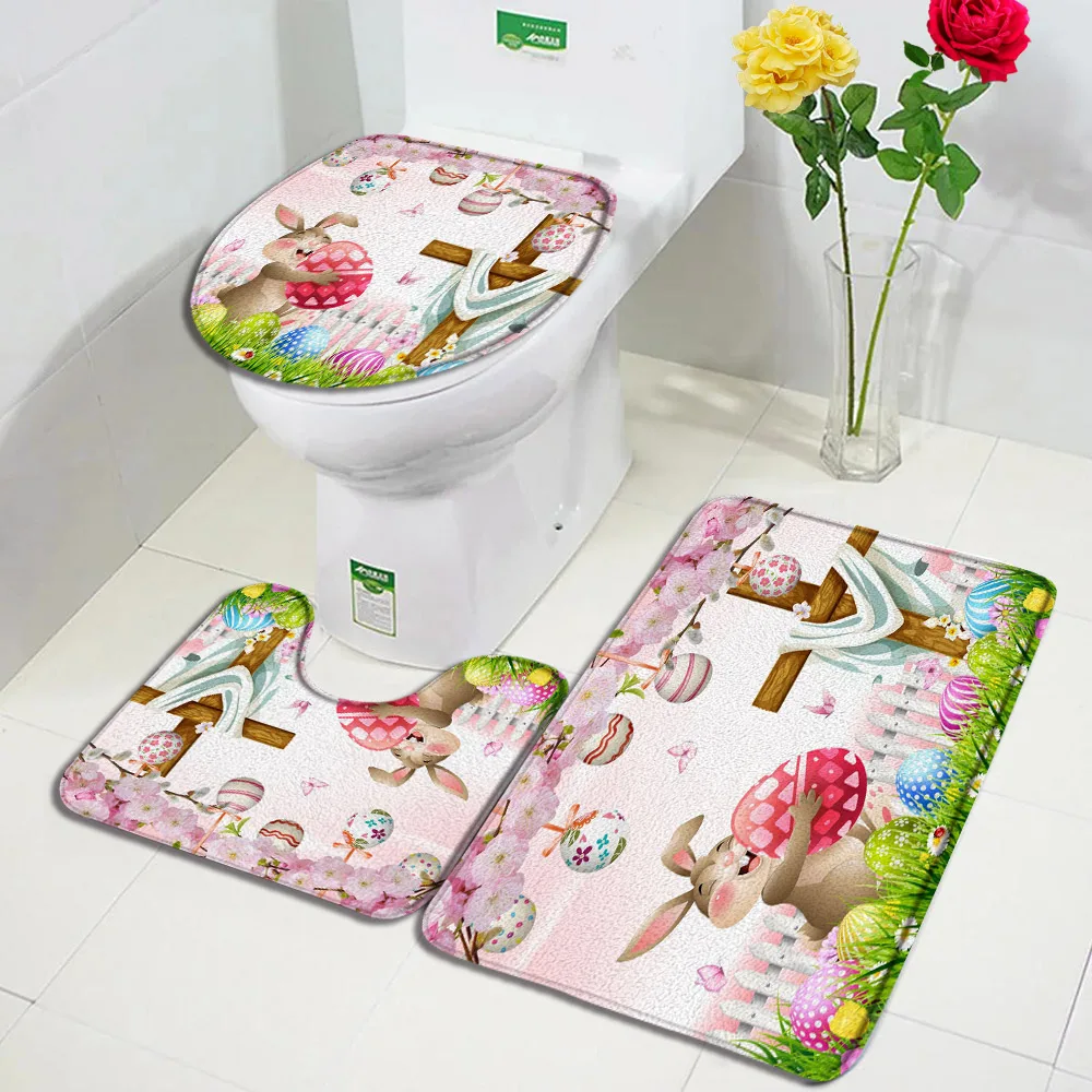 Funny Bunny Easter Bath Mat Set Pink Flowers Butterfly Crucifix Rabbit Eggs Home Carpet Bathroom Decor Floor Rugs Toilet Cover