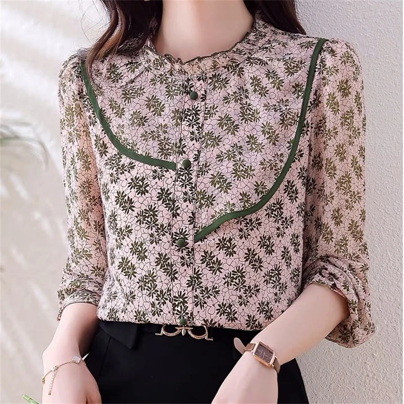 2023 Women Ruffled Floral Print Sweet Shirts Fashion Elegant Chic Chiffon Blouse Casual Long Sleeve Loose Tops Blusas Para Mujer