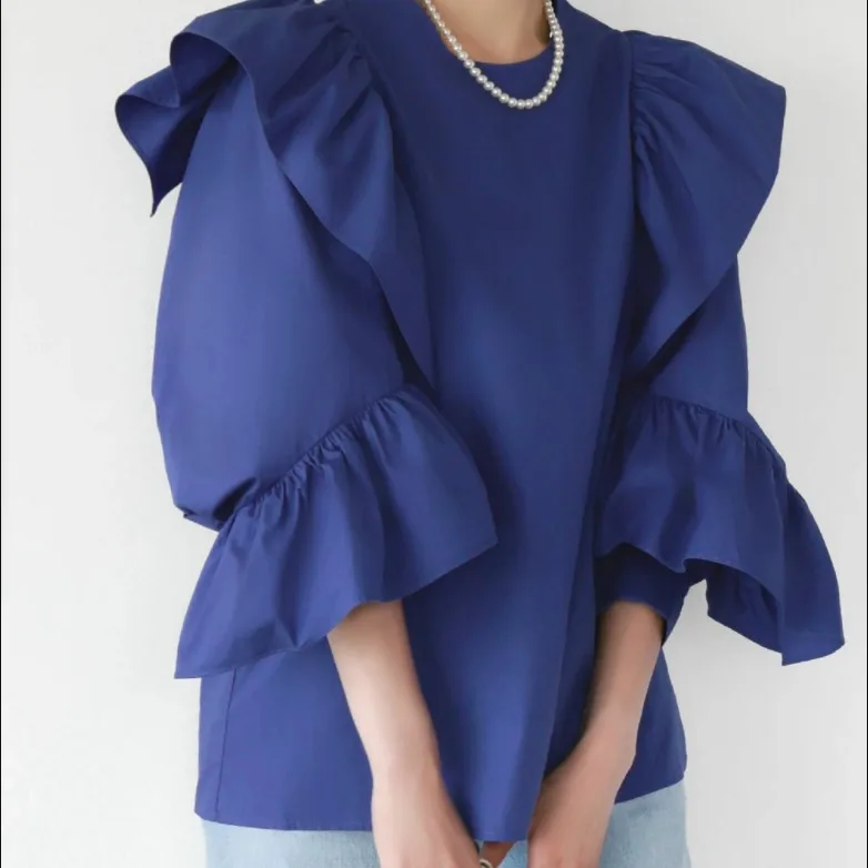 

Японский круглый женский топ Ne Long Sve Cotton irt, модный дизайн, весна-осень, новый Sle с рюшами по подолу