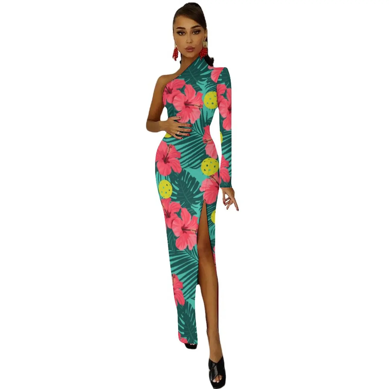 Hibiscus Flower Maxi Dress Long Sleeve Tropical Pickleball Elegant Bodycon Dress Side Split Party Long Dresses Print Clothes