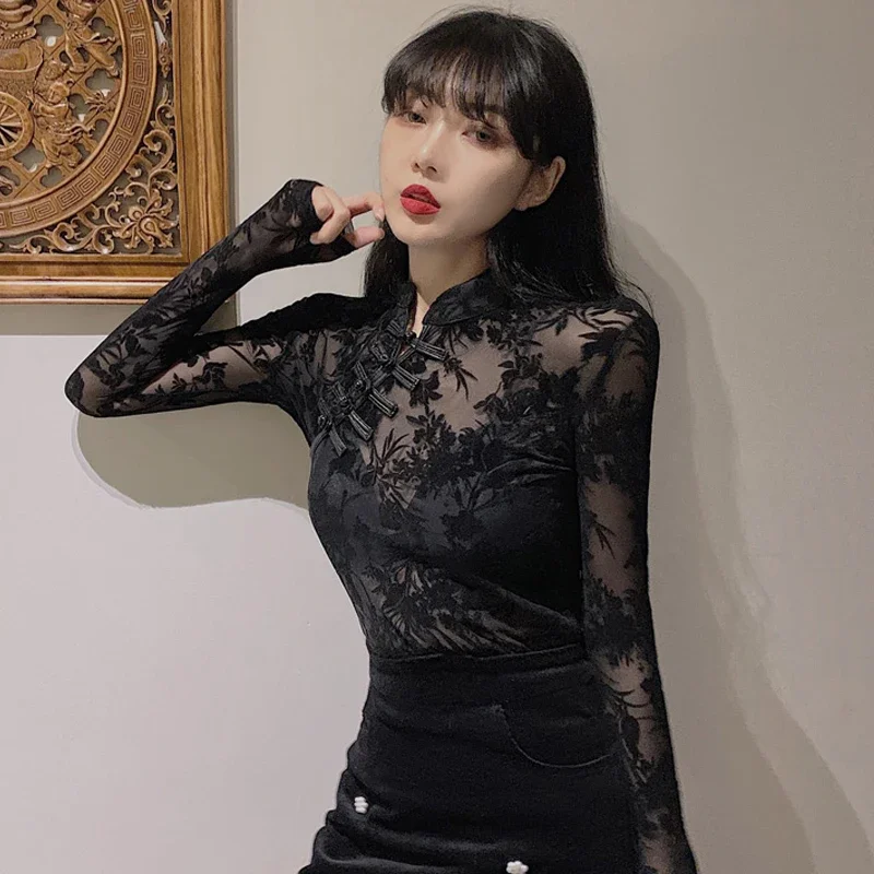 

2025 Fashion Lace See Through Shirts and Blouses Woman Long Sleeve Slim Chinese Turtleneck Black Sexy Top for Women Y2k