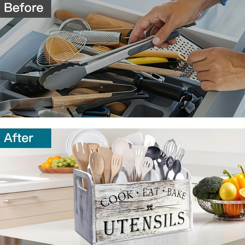 Wood Kitchen Utensils Holder 3 Compartments Tableware Organizer Stand With Drainage Holes Rustic Caddy For Spoon Fork Knife view 6