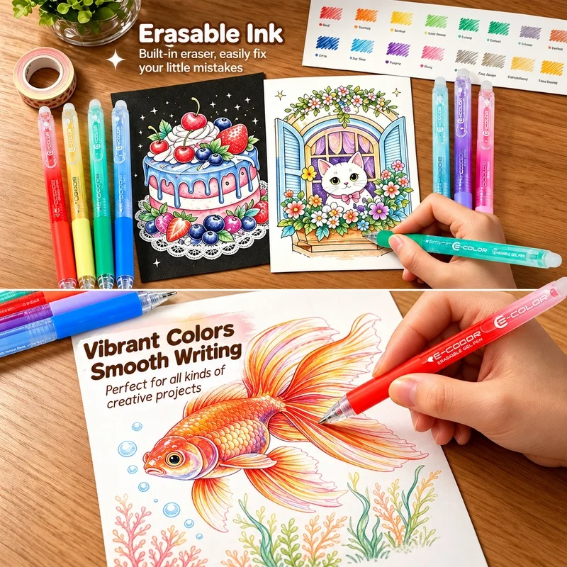 Erasable Gel Pens, Retractable Clicker Pens with Eraser, 0.7mm Fine Point Colored Gel Pens for Writing, Drawing, Journaling