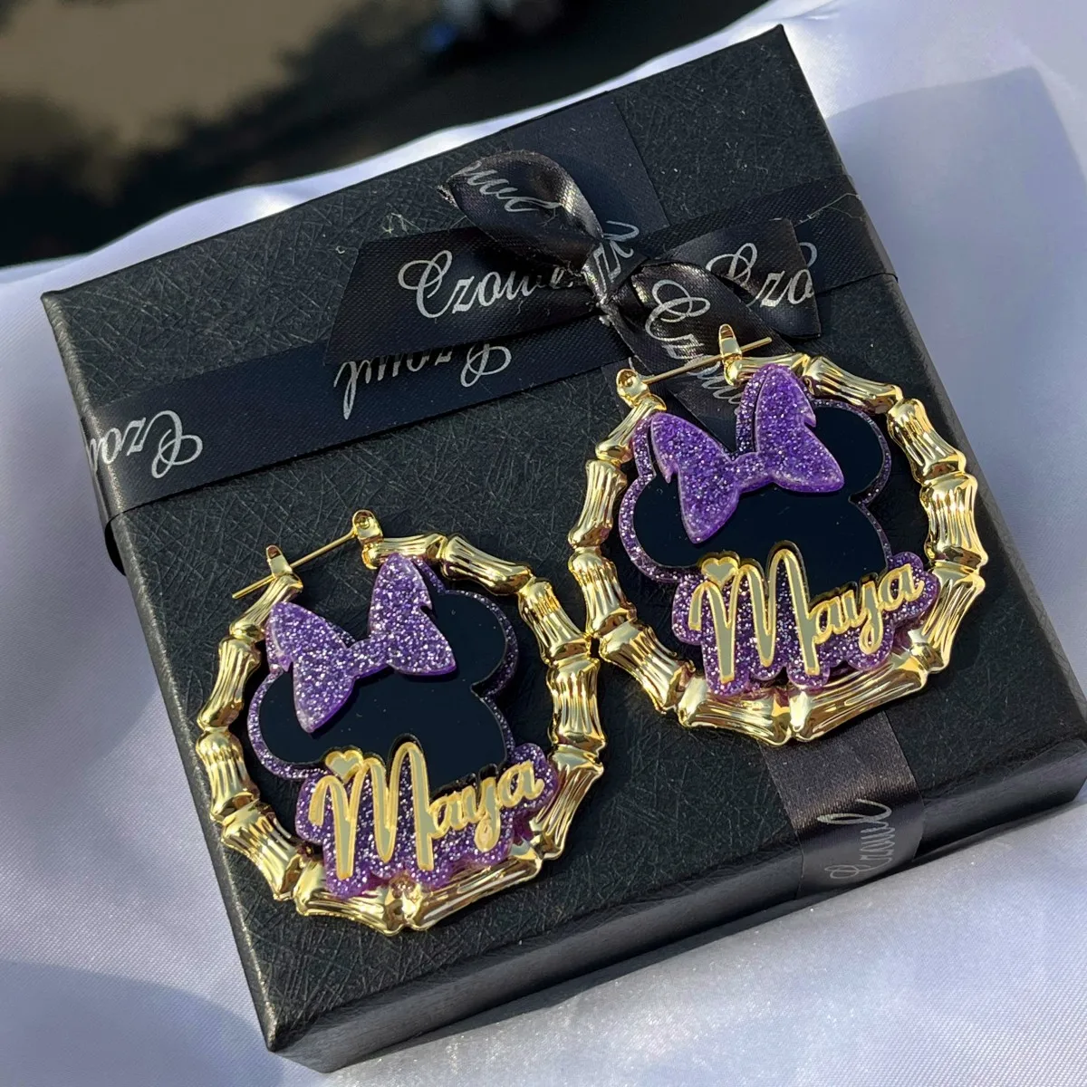 DUOYING-Juego de joyas con nombre personalizado, letras acrílicas, placa de identificación, pendientes de bambú para regalo de niños