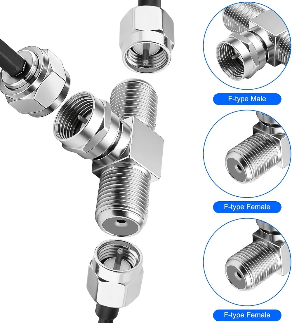 10PCS T-Connector Male To Dual Female Coaxial Adapter Antenna Cable Splitter Zinc Alloy for Cable Satellite TV DVR