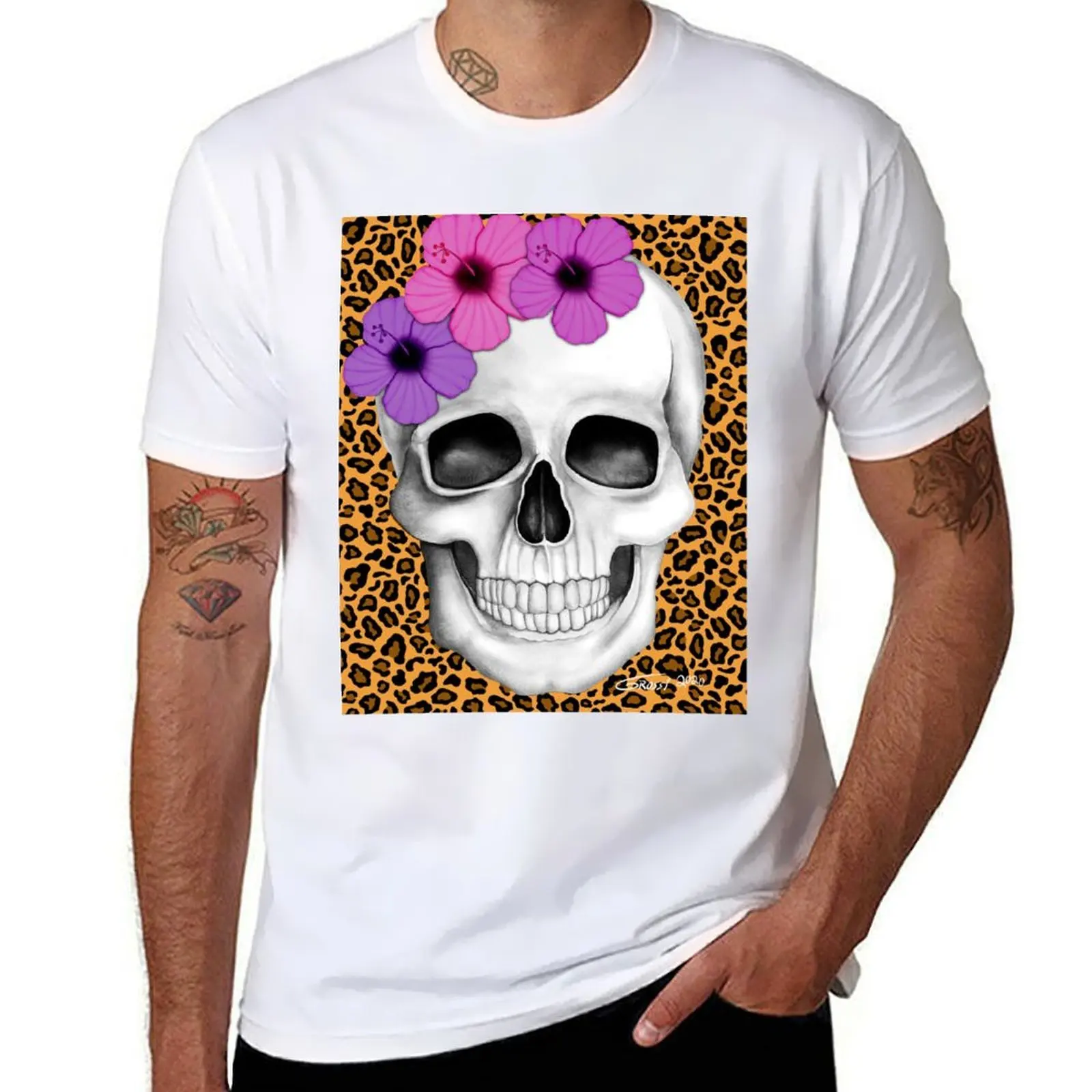 

Skull With Flowers (On Leopard Print Background) T-Shirt black cotton t-shirt plain for man package cotton tshirt 100% T-Shirt