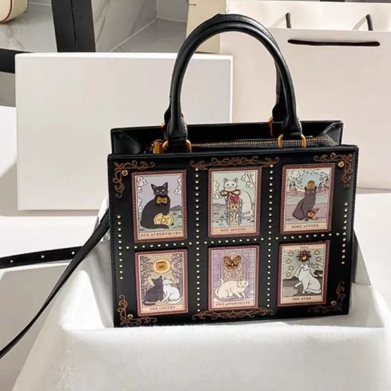 Retro Cat Square Shoulder Bag Stylish Lady Cat Elf Zipper Tote Bag Top Handle Design, Popular Briefcase Adjustable Crossbody Bag