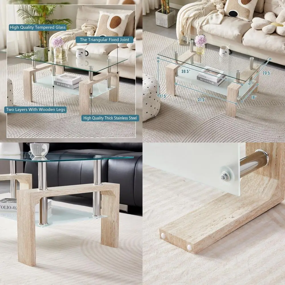 

Modern Rectangular Coffee Table with Wooden Legs, Glass Top and Lower Shelf for Waiting Areas (Yellow Travertine)