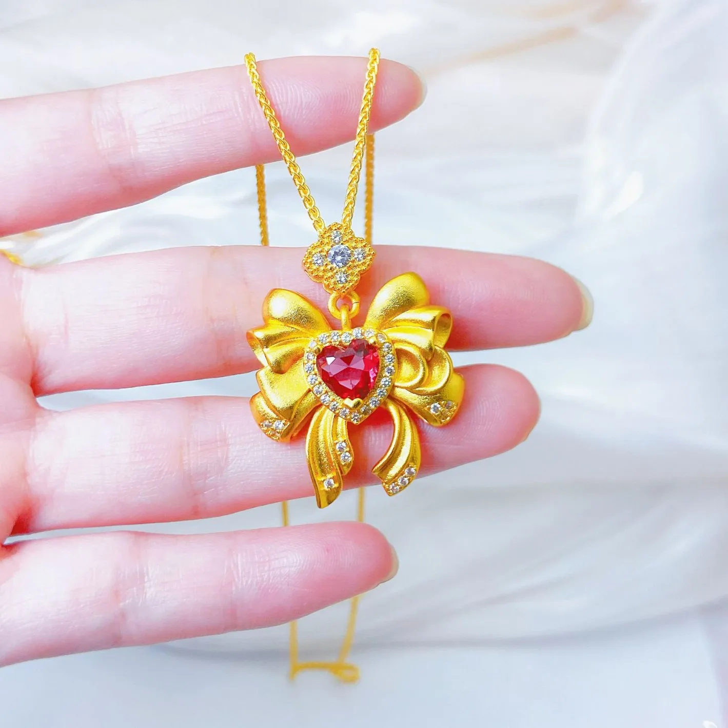 

Genuine 18 Kt Gold Color Beautiful Girl Love Bow Pendant Necklace Ring for Women Fine Jewelry Chain Gifts Not Fade