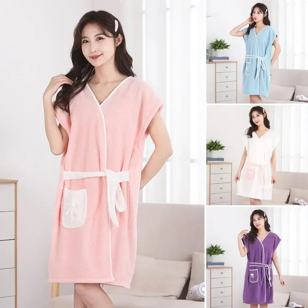

Водопоглощающее банное полотенце, роскошный халат из кораллового флиса для женщин, мягкий плюшевый халат с карманом и поясом, накидка для полотенец для взрослых