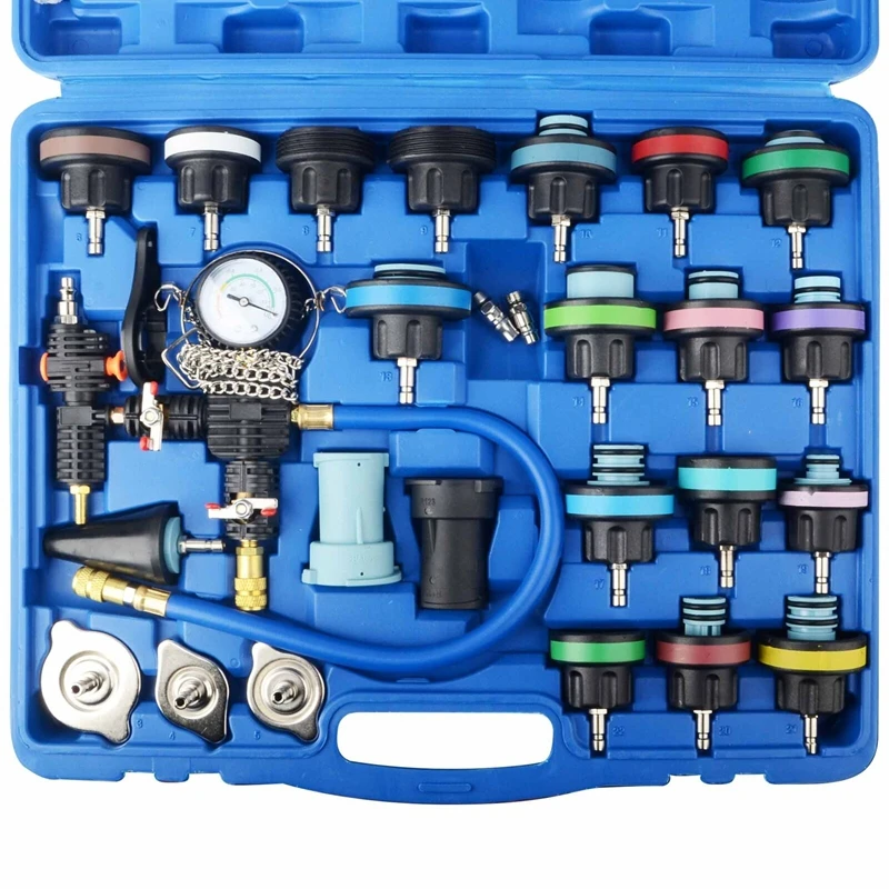 Kit de probador de presión de sistema de refrigeración Universal OEM promocional, herramienta de detección de fugas y recarga de refrigerante, 28 Uds.