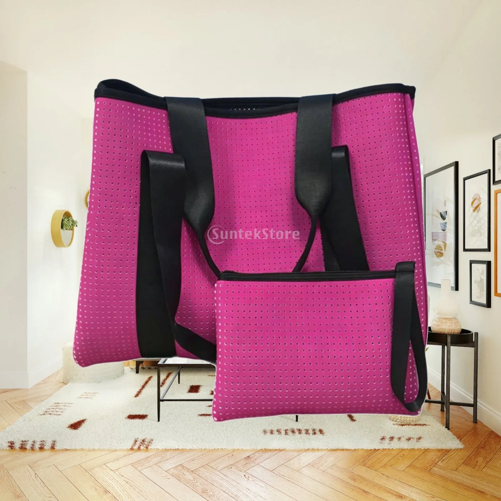 Open-Top Travel Tote with Wristlet Pouch Multifunctional Beach Tote with Matching Pouch Versatile Roomy for Vacations, Pool Days