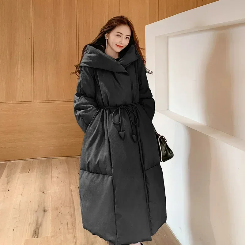 European Winter New 90 White Duck Down Coat Women Knee Length Fashion Loose Lace Up Windproof Hood Warm Parkas Women Coat S-5XL