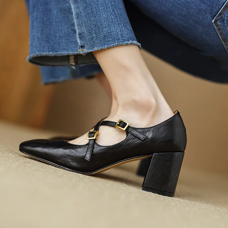 2024 New Spring Square Heeled Women Pumps Buckle Strap Genuine Leather Office Lady Shoes Woman Retro Square Toe Black Mary Janes