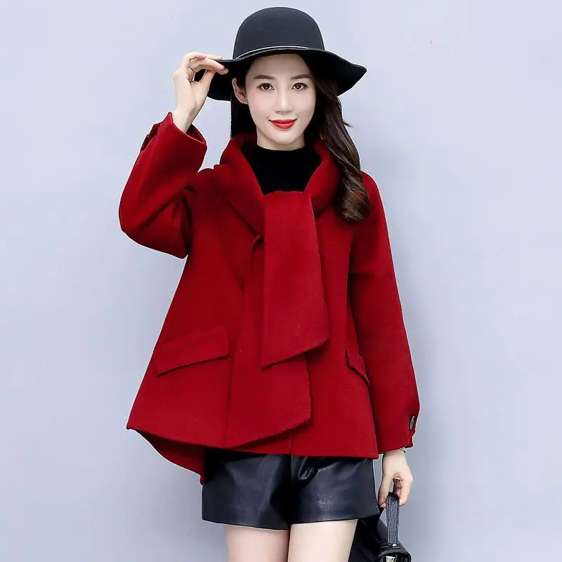 

2023 Autumn Winter New Women Woolen Cape Coat Korean Style Loose Temperament Woolen Outwear Scarf Collar Solid Color Casual Top