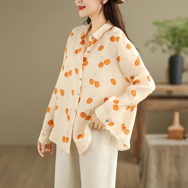 ربيع الخريف القطن الخالص المطبوعة خفيفة الوزن طويلة Sve فضفاضة irt Quali سترة مفتوحة Fre Airy Sle للتنقل