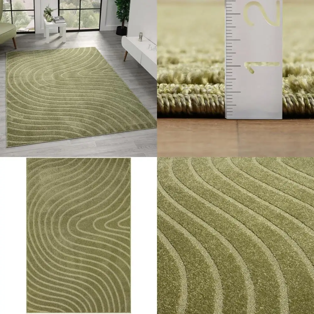 

Contemporary Green Geometric Wave Area Rug, 8x10, Stain Resistant, Modern Carpet for High Traffic Spaces