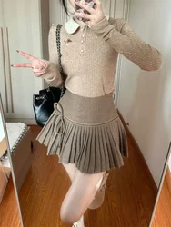 Sweet Spicy Doll Neck Sweater Pleated Skirt Two-piece Set Women Fashion Drawstring College Korean Slim Winter Knit Chic Suit New