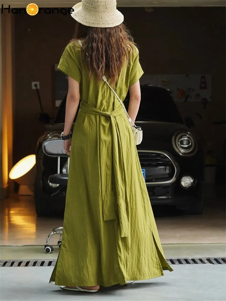 HanOrange 2024 Summer Temperament Cross Tie Waist Dress Slim Fit Long Dress Chou-heung Green