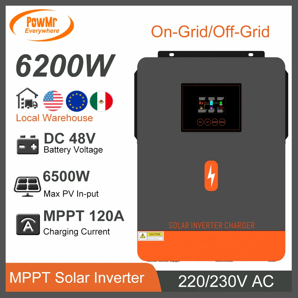 PowMr 6200W On Grid/Off Grid Solar Inverter MPPT 120A Solar Charger  Max PV Power 6500W 230V Out-put  DC 48V for Battery Charger