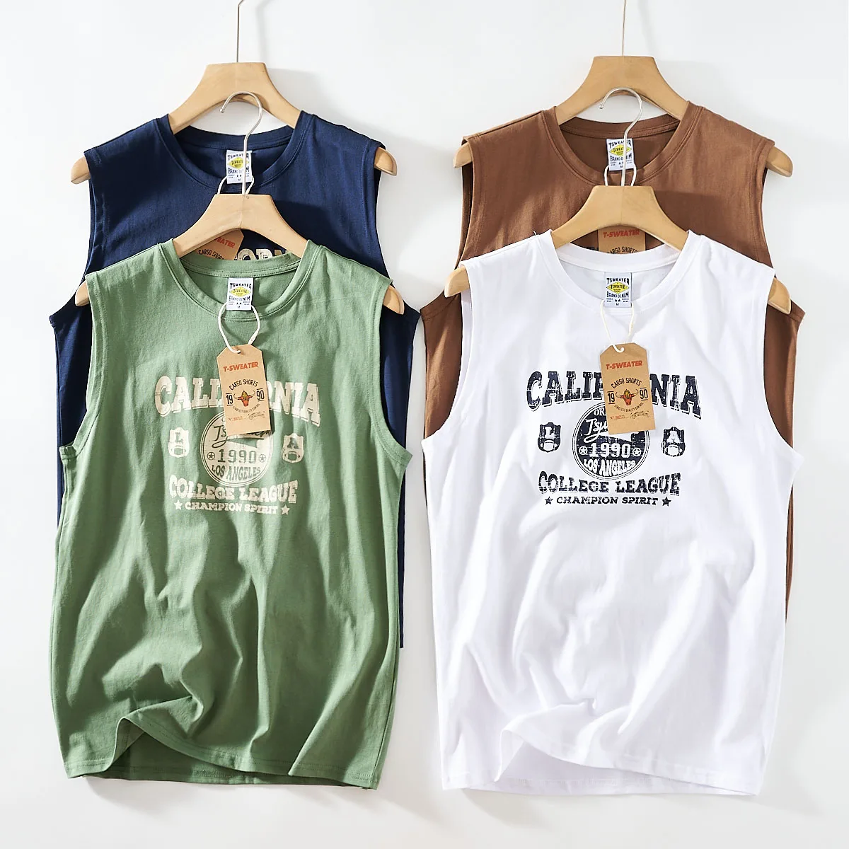 2025 Summer New American Retro Sleeveless O-neck Letter Printed T-shirt Men's Fashion 100% Cotton Basketball Sports Casual Vest