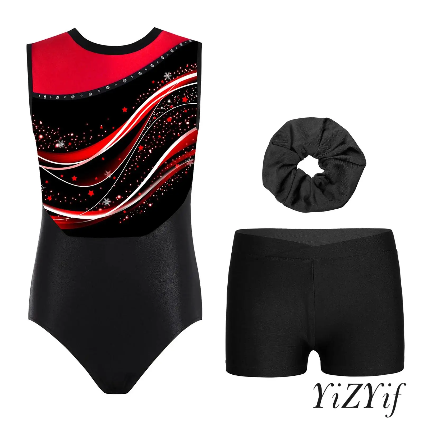 

3 Piece Girls Gymnastics Set Ballet Leotard with Shorts And Hair Bow Sleeveless Print Bodysuit for Ice Skating Dance Performance
