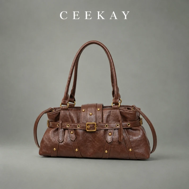 CEEKAY Leather Hobo Bag Belt Buckle Stud Detail Ruched Top Handle Versatile Everyday Commute Casual Large Capacity Purse Women