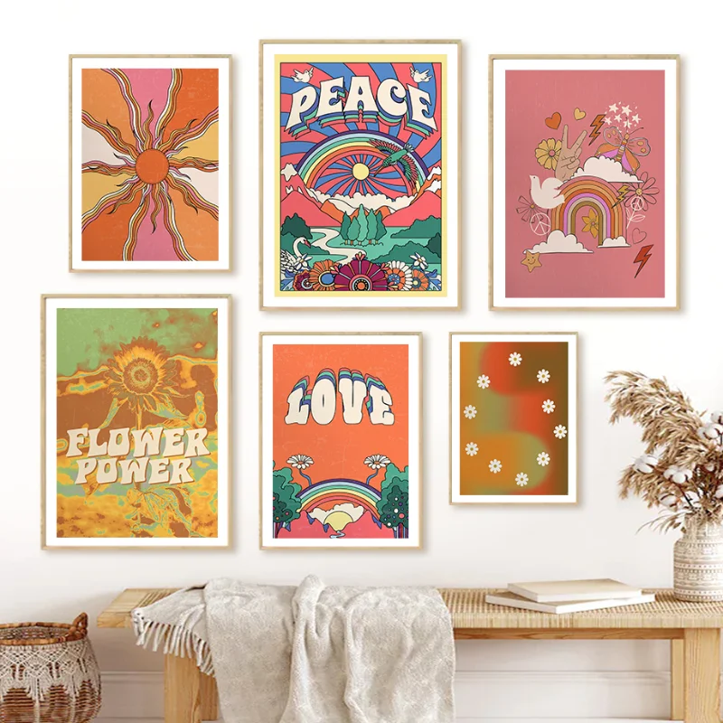 70s Vintage Love Flower Power Peace Hippie Wall Art Canvas Painting Nordic Posters and Prints Wall Picture for Room Home Decor