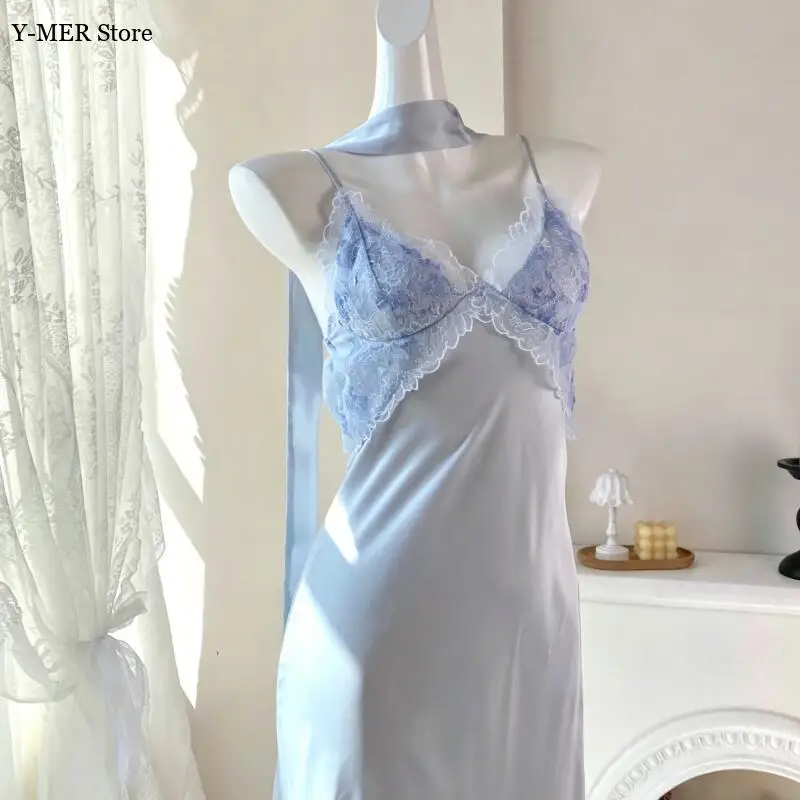 Blue Sleepwear Sexy Chemise Home Dressing Gown 2Pcs Kimono Robe Set Ice Silk Nightwear Lady Summer Spring New Nightdress