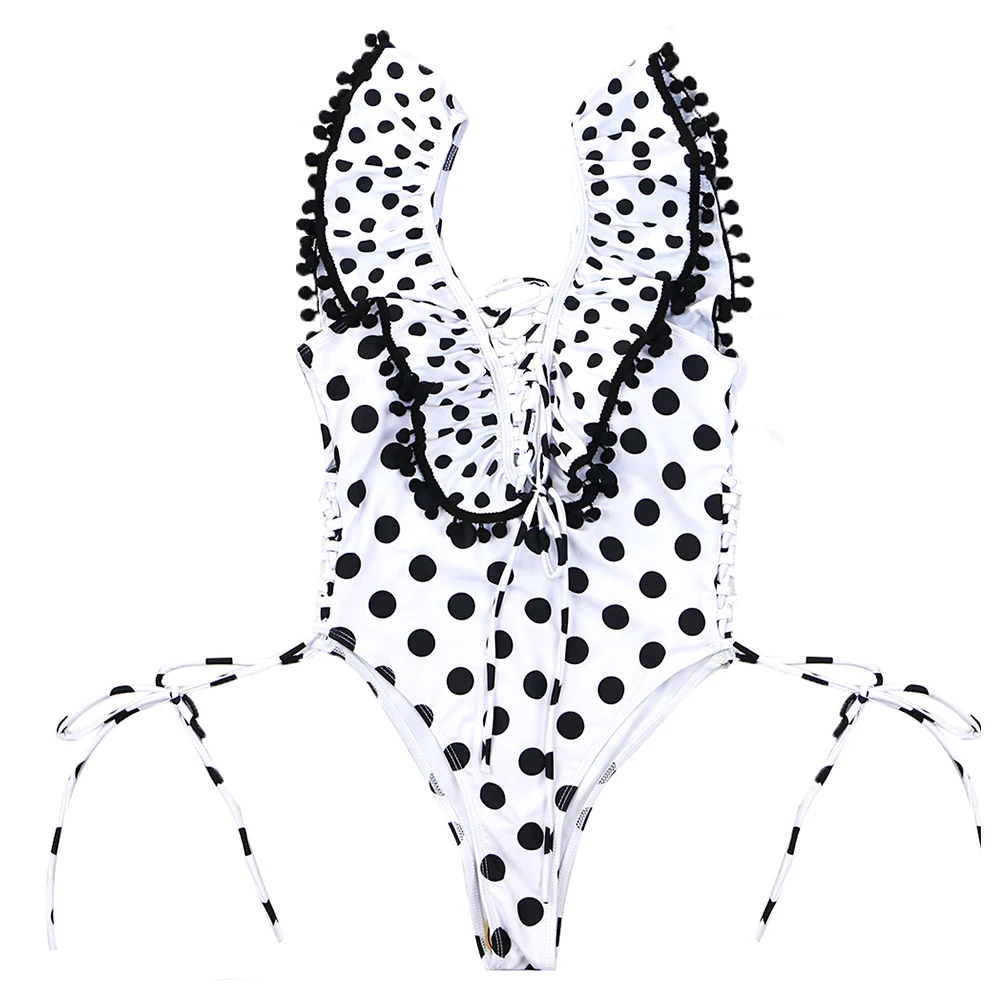 

Women Swimwear Black Polka -Piece Ruffled Backless Swimsuit Comfortable Halter Straps Bathing Suit Travel