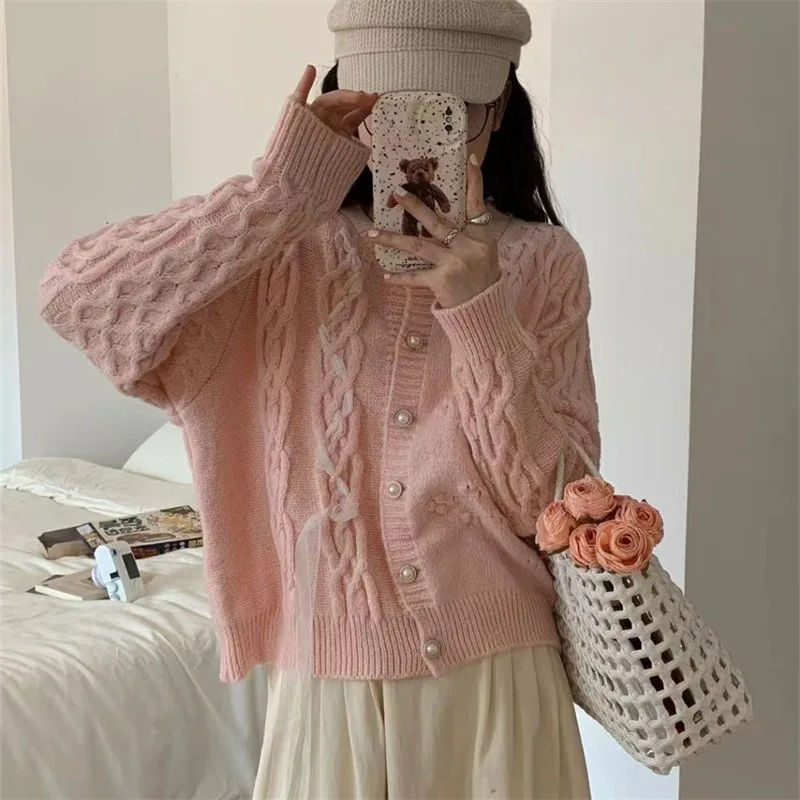 Autumn and Winter Warm Harajuku Long Sleeve Knitted Cardigans Korean Pearl Button Thicken Sweater Coat Women's Y2K Cardigan Tops