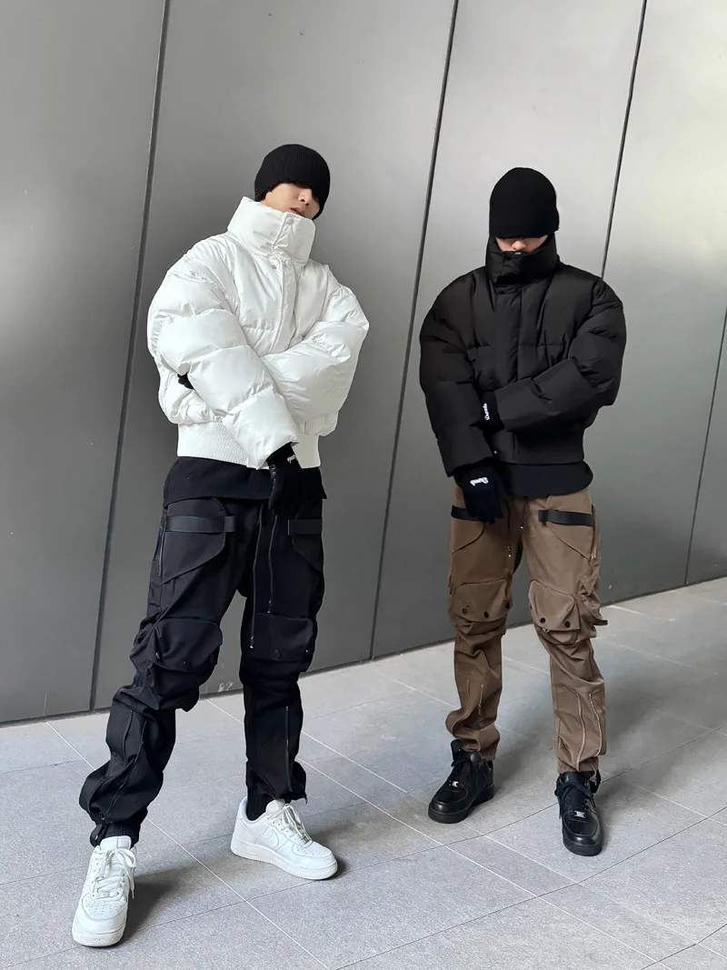 

VE2 Winter Thickened Warm White Cotton Jacket Men Loose Stand Collar Short Casual American Bread Style Cotton Padded Coat