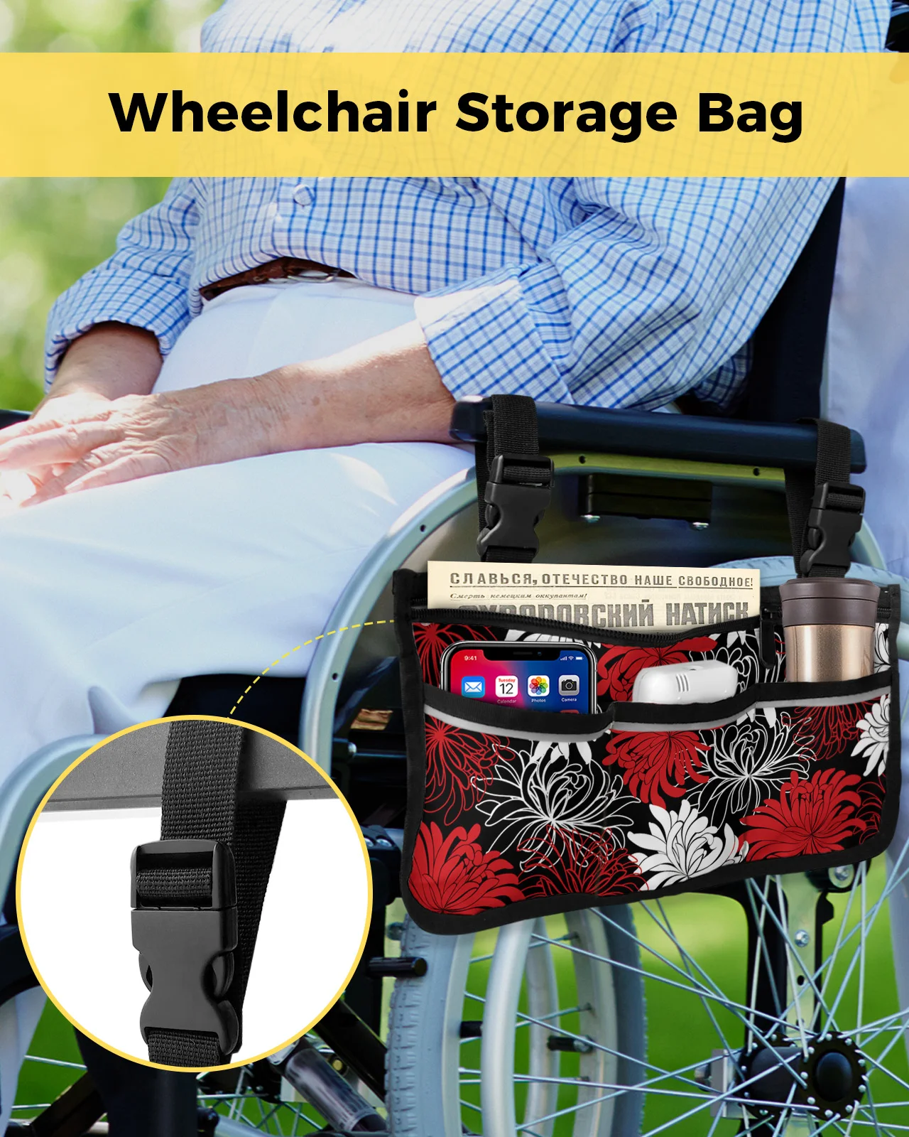 Flower Red White Black Chrysanthemum Wheelchair Bag With Pockets Armrest Side Bags Electric Scooter Walking Frame Storage Pouch