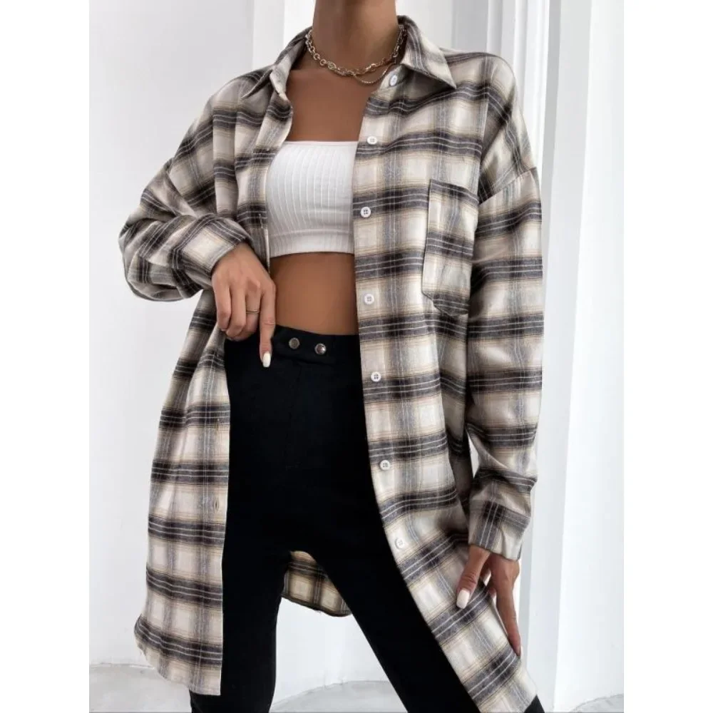 

Plus Size 1XL-5XL New All Season Women's Fashionable Button-Down Plaid Shirt Women Casual Long Sleeved Lapel Shirt