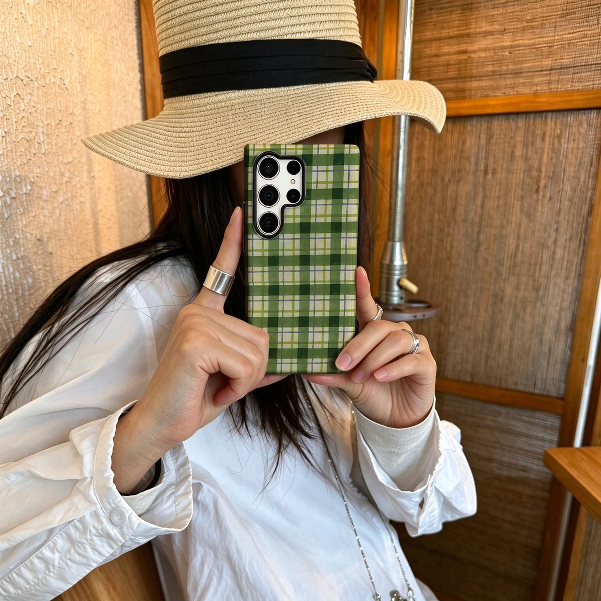 Green Cream Plaid Hard Shock-Absorption Phone Case For Samsung Galaxy S26 S25 Ultra S24 S23 Plus 2-in-1 Protective Cover