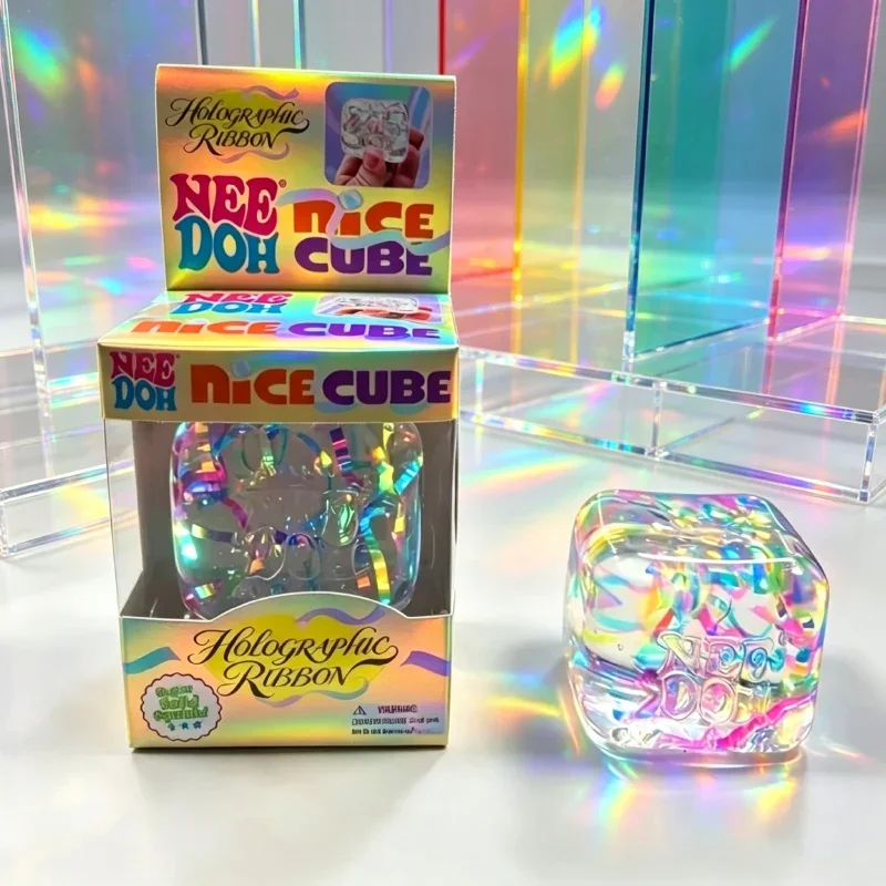 Nee Doh Nice Cube Holographic Edition Squish Fidget Toy, Filled with Iridescent Ribbon for Anxiety Relief & Holiday Present