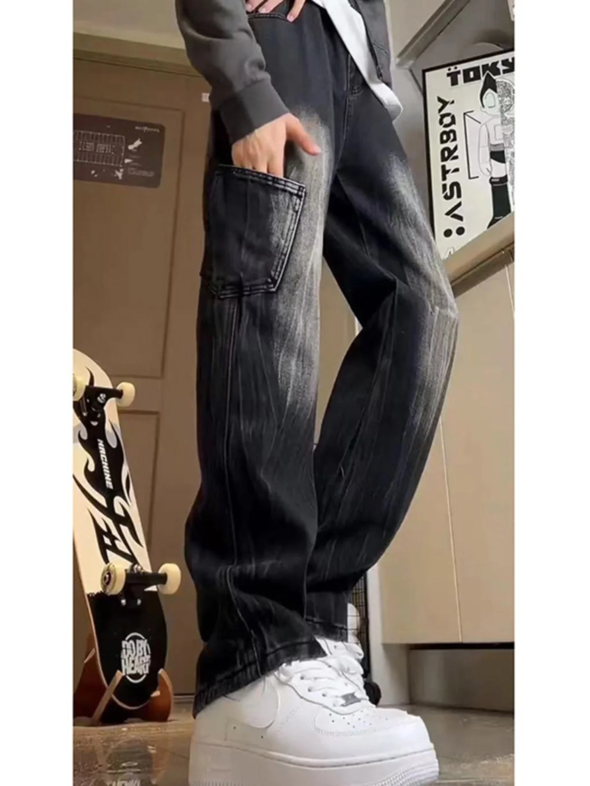 

Повседневные мужские джинсы прямого кроя, лето 2024, модные брендовые стильные уличные брюки с высокой талией, свободного кроя, длинные, износостойкие, тонкие.