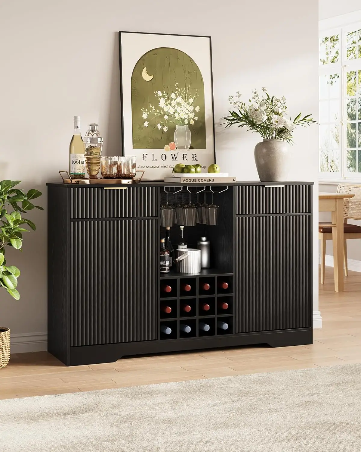 

Fluted Bar Cabinet Coffee Sideboard Buffet with Storage Liquor Rack Glass Holder for Living Room Kitchen, Customized