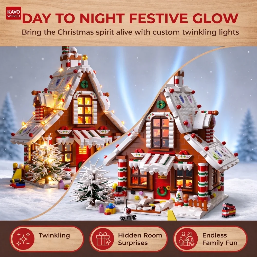 KAVOWORLD 1614PCS Gingerbread Cottage Building Blocks Set with LED Lights Christmas Winter Village DIY Bricks Assembly Toy Kit Festive Home Decor Collectible Display Snowman Tree Creative Xmas Gift for Teens Adults New Year Family Couples Holiday Birthday