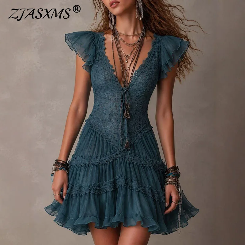 Sexy Deep V Neck Hollow Slim Short Dresses Elegant Tierred Ruffle Lace Spliced Lady Dress Solid Lace Up Summer Boho Mini Dresses