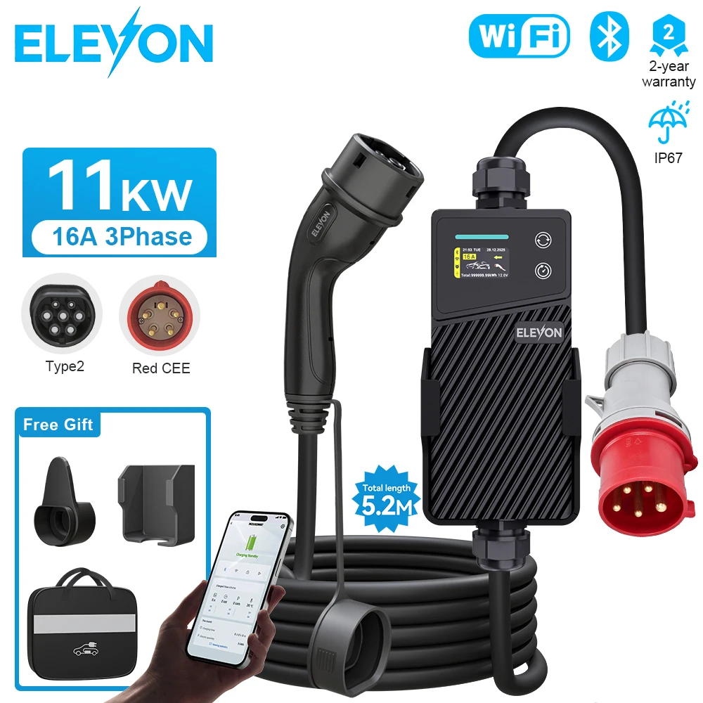ELEVON 11kw Type2 Electric Vehicle Charger 16A Three Phase Portable EVSE Wallbox with TPU Cable WiFi Bluetooth App Control