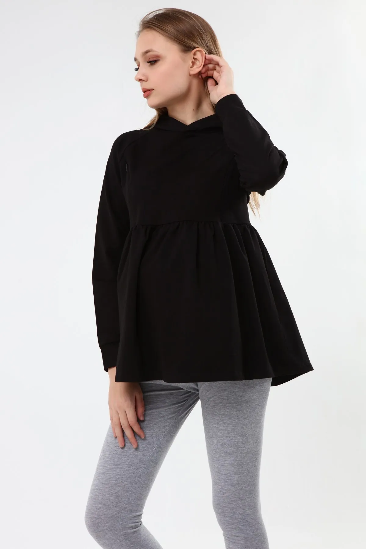 Luvmabelly MYRA4531 Geraffte Reißverschluss Stillen Sweatshirt-Schwarz