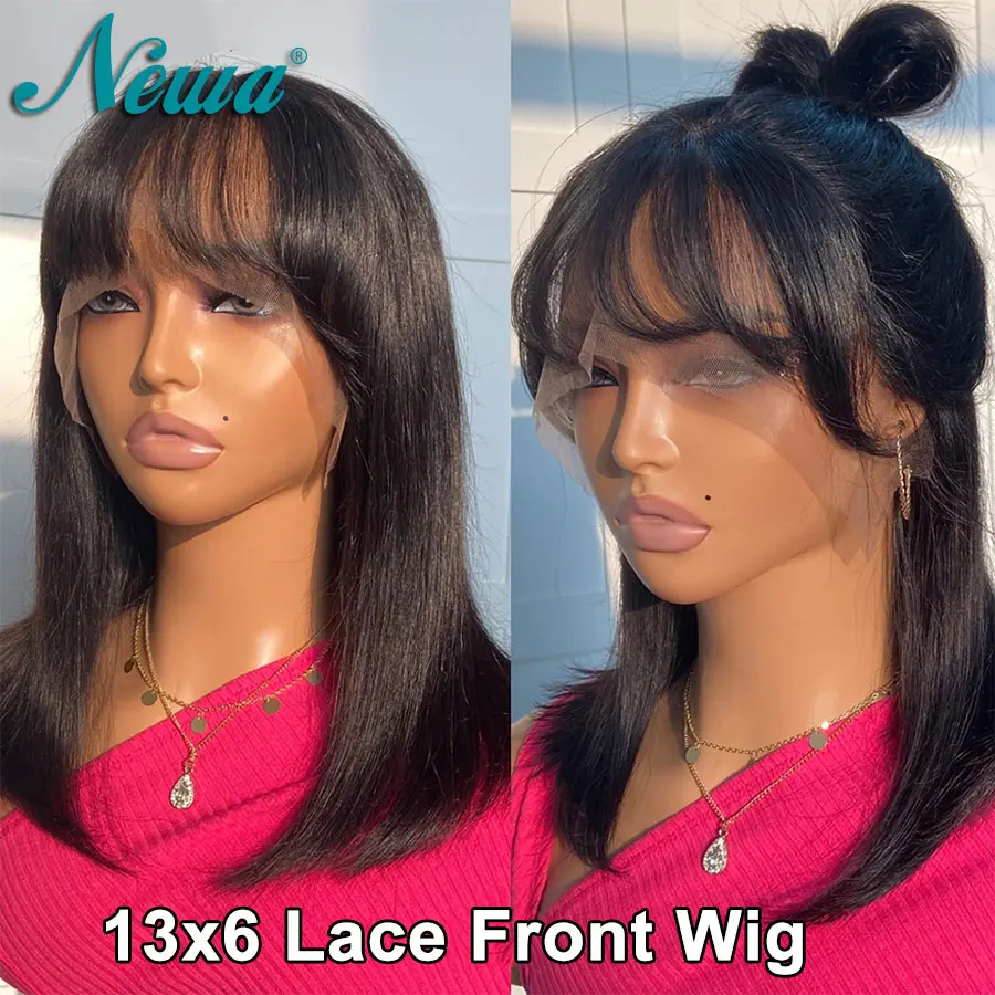 

Newa Short Straight Bob 13x6 Lace Front Wig With Bangs Peruvian Human Hair Bob Wigs For Women Brazilian Remy Hair Lace Bob Wigs