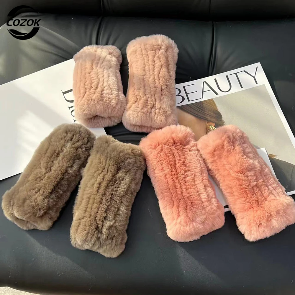 

2024 New Winter Real Fur Golve Women Outdoor Warm 100% Real Rex Rabbit Fur Gloves Knit Thick Natural Soft Rex Rabbit Fur Mittens