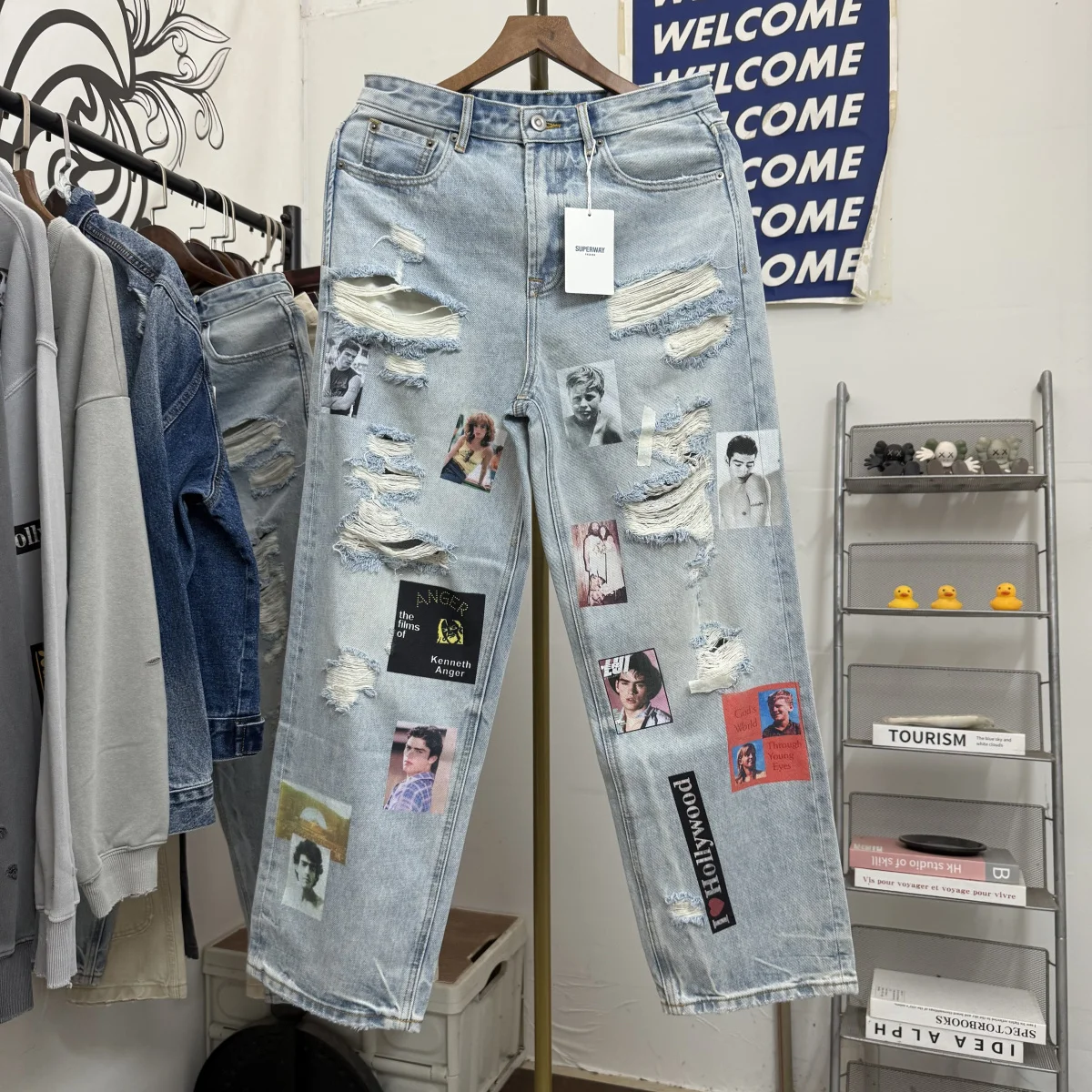 

American Sle Loose Straight Leg Jeans Men's Women's Vintage High Street Illustration Print Casual Cotton Stretch Denim